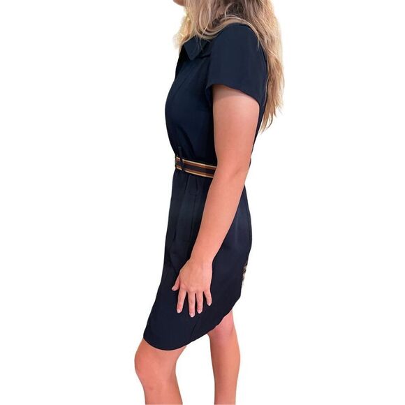 Vintage Navy Blue Structured Dress - 6 Petite - Pleated Detail - Picture 2 of 7